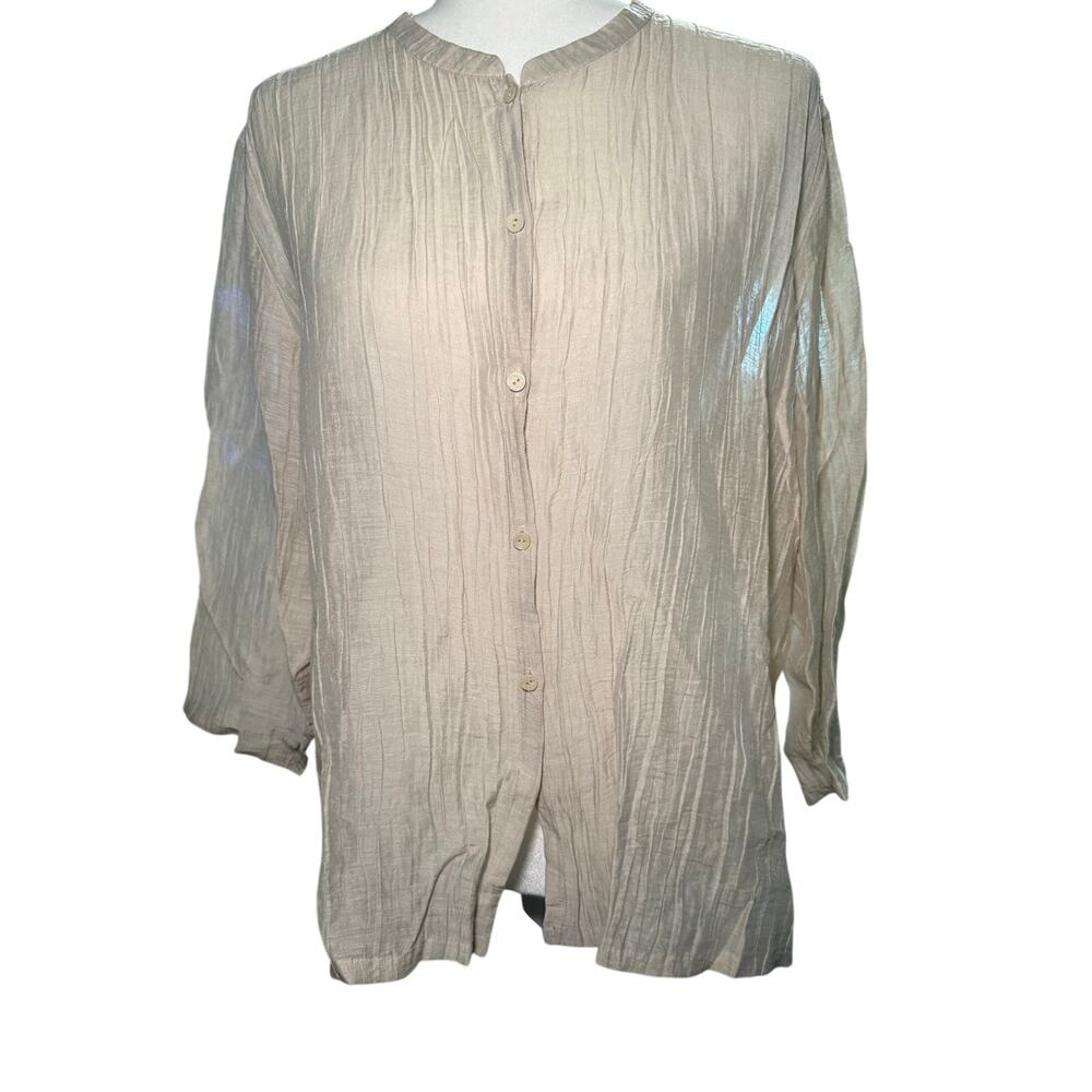 Eillen Fisher Linen Blend Crinkle Button Front Tunic Blouse, Beige, Large